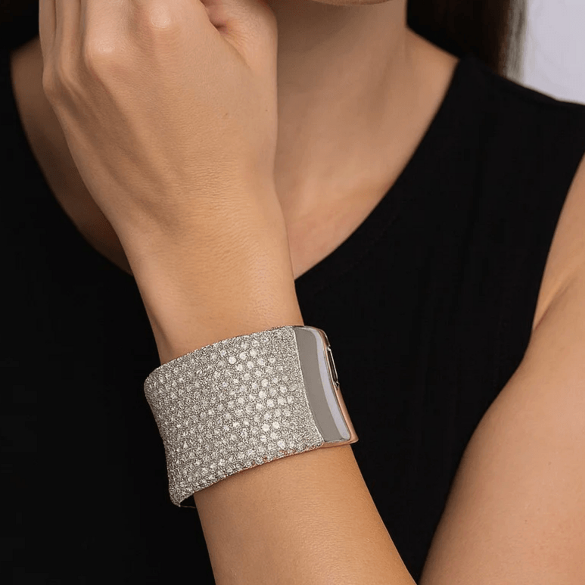 Contemporary 18KT White Gold Diamond Bracelet on wrist