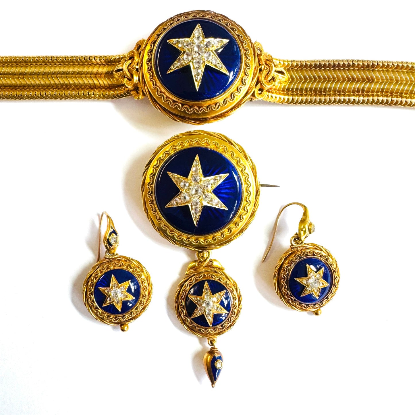 Victorian 18KT Yellow Gold Enamel & Diamond Suite front