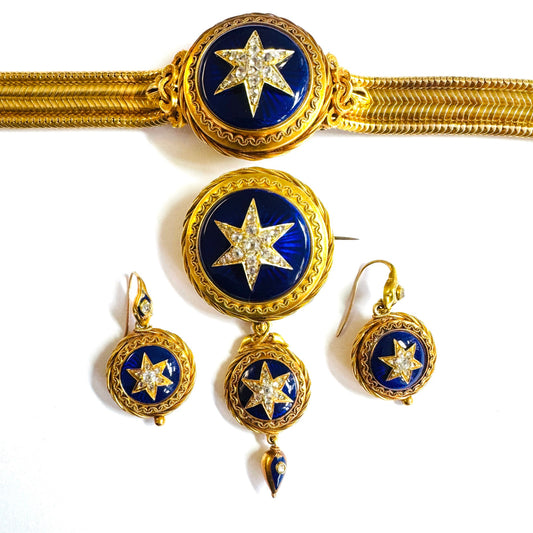 Victorian 18KT Yellow Gold Enamel & Diamond Suite front