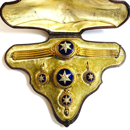 Victorian 18KT Yellow Gold Enamel & Diamond Suite in original box