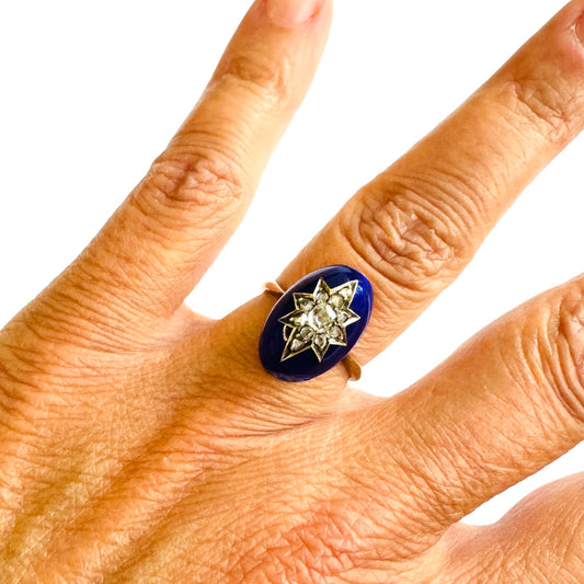 Victorian 18KT Yellow Gold Enamel & Diamond Suite on finger