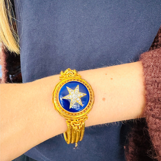 Victorian 18KT Yellow Gold Enamel & Diamond Suite on wrist