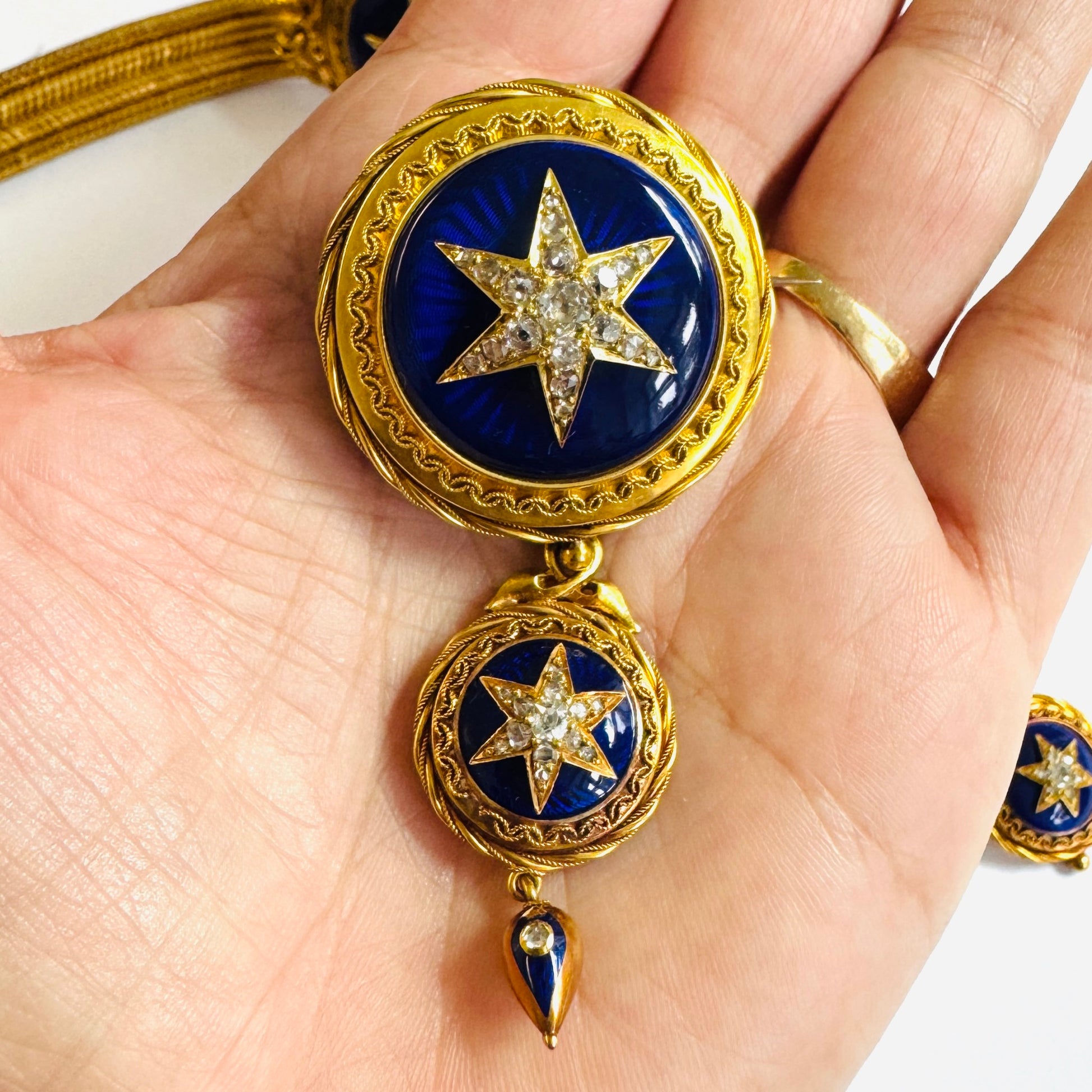 Victorian 18KT Yellow Gold Enamel & Diamond Suite front