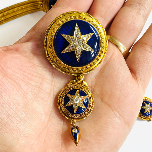 Victorian 18KT Yellow Gold Enamel & Diamond Suite front