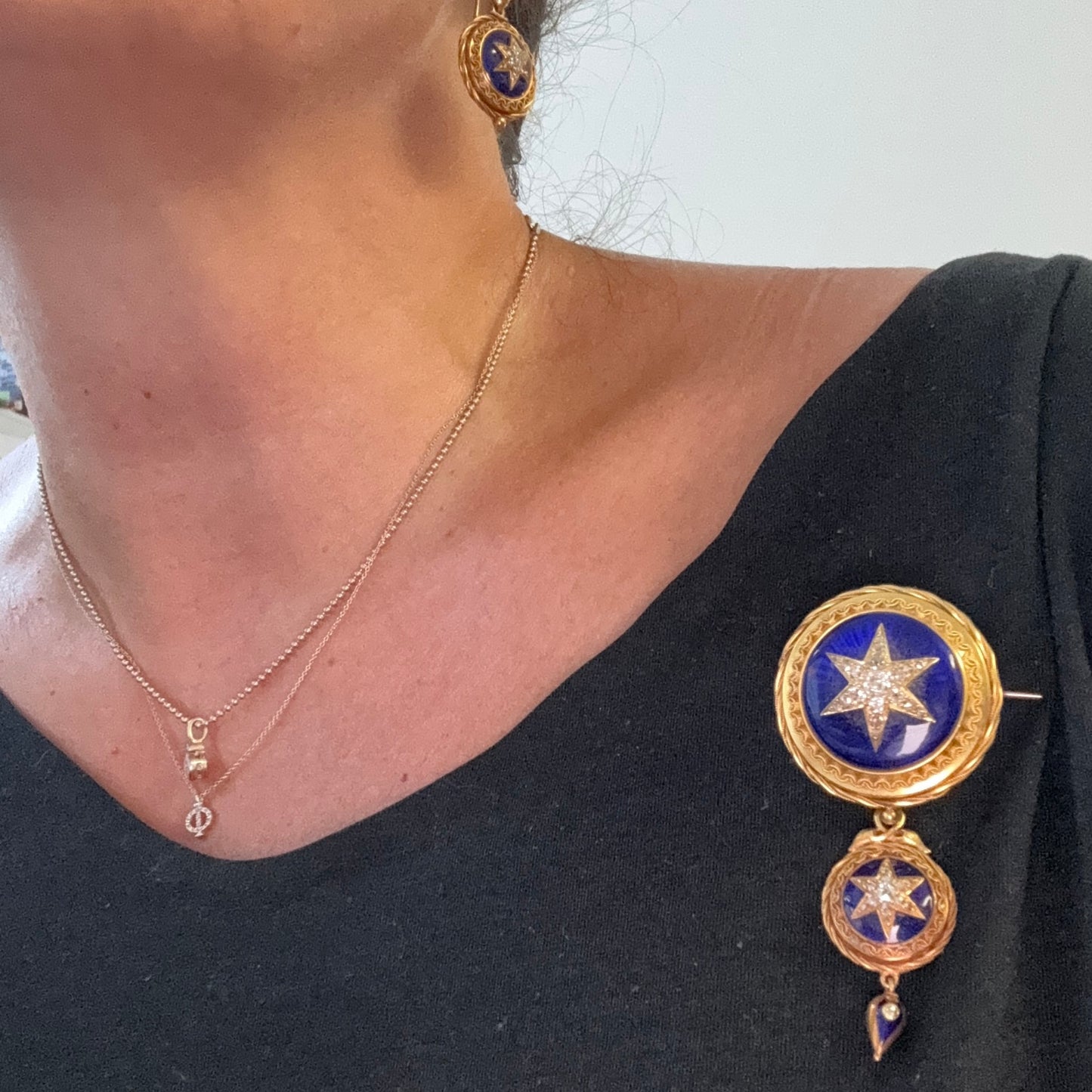 Victorian 18KT Yellow Gold Enamel & Diamond Suite on blouse