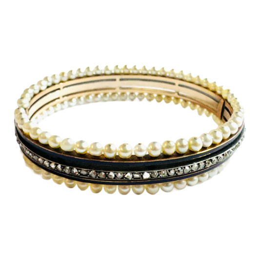 Mellerio Victorian 18KT Rose Gold Natural Pearl, Diamond & Enamel Bracelet front