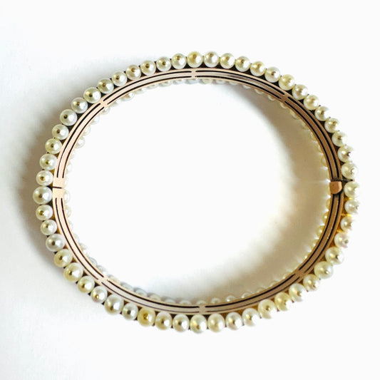 Mellerio Victorian 18KT Rose Gold Natural Pearl, Diamond & Enamel Bracelet on profile