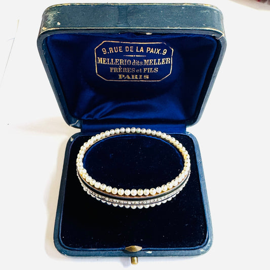 Mellerio Victorian 18KT Rose Gold Natural Pearl, Diamond & Enamel Bracelet in box