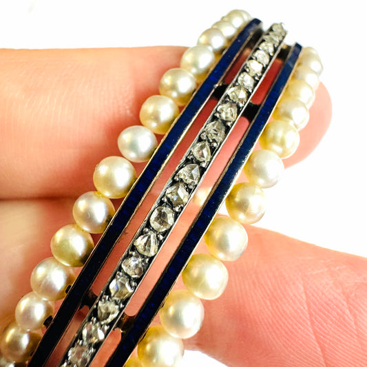 Mellerio Victorian 18KT Rose Gold Natural Pearl, Diamond & Enamel Bracelet close-up details