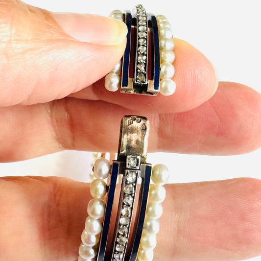 Mellerio Victorian 18KT Rose Gold Natural Pearl, Diamond & Enamel Bracelet close-up details