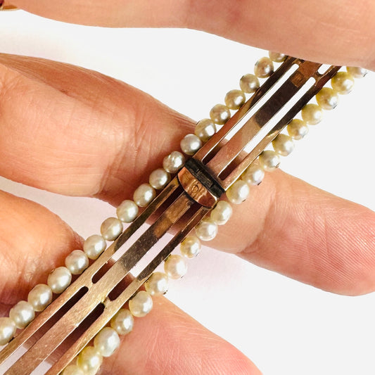 Mellerio Victorian 18KT Rose Gold Natural Pearl, Diamond & Enamel Bracelet close-up details