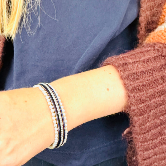 Mellerio Victorian 18KT Rose Gold Natural Pearl, Diamond & Enamel Bracelet on wrist