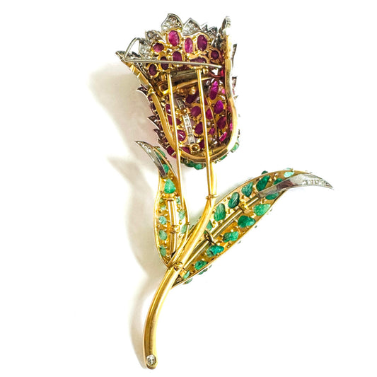Marchak 1930s 18KT Yellow Gold Diamond, Emerald & Ruby Tulip Brooch back