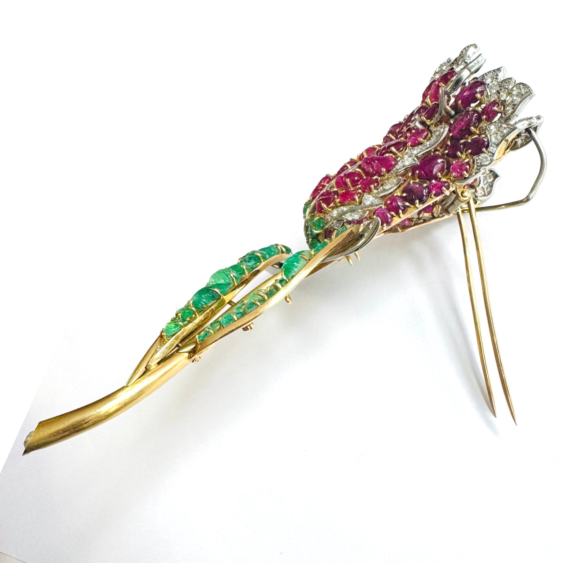 Marchak 1930s 18KT Yellow Gold Diamond, Emerald & Ruby Tulip Brooch side
