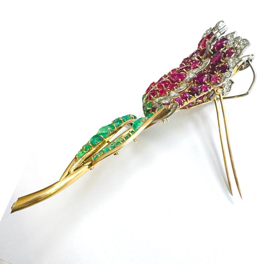 Marchak 1930s 18KT Yellow Gold Diamond, Emerald & Ruby Tulip Brooch side