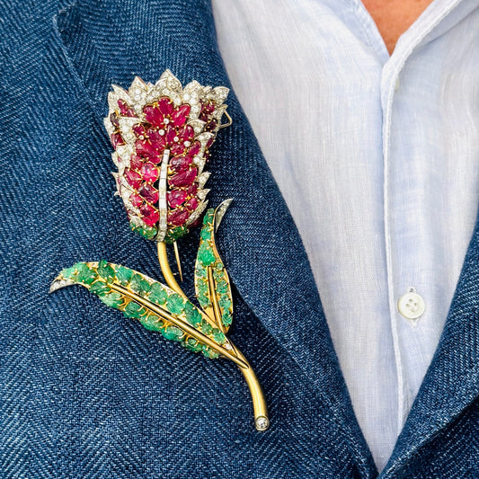 Marchak 1930s 18KT Yellow Gold Diamond, Emerald & Ruby Tulip Brooch on lapel