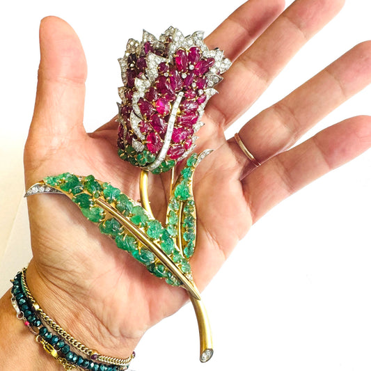 Marchak 1930s 18KT Yellow Gold Diamond, Emerald & Ruby Tulip Brooch front