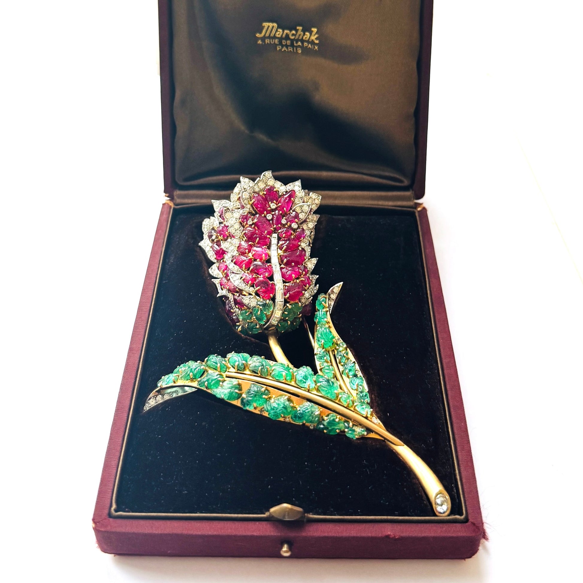 Marchak 1930s 18KT Yellow Gold Diamond, Emerald & Ruby Tulip Brooch in box