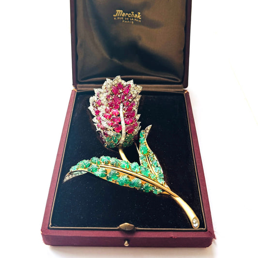 Marchak 1930s 18KT Yellow Gold Diamond, Emerald & Ruby Tulip Brooch in box