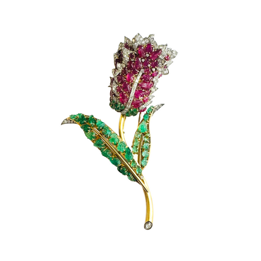 1930s 18KT Yellow Gold Diamond, Emerald & Ruby Tulip Brooch front