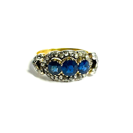 Victorian Silver & 18KT Yellow Gold Sapphire & Diamond Ring front