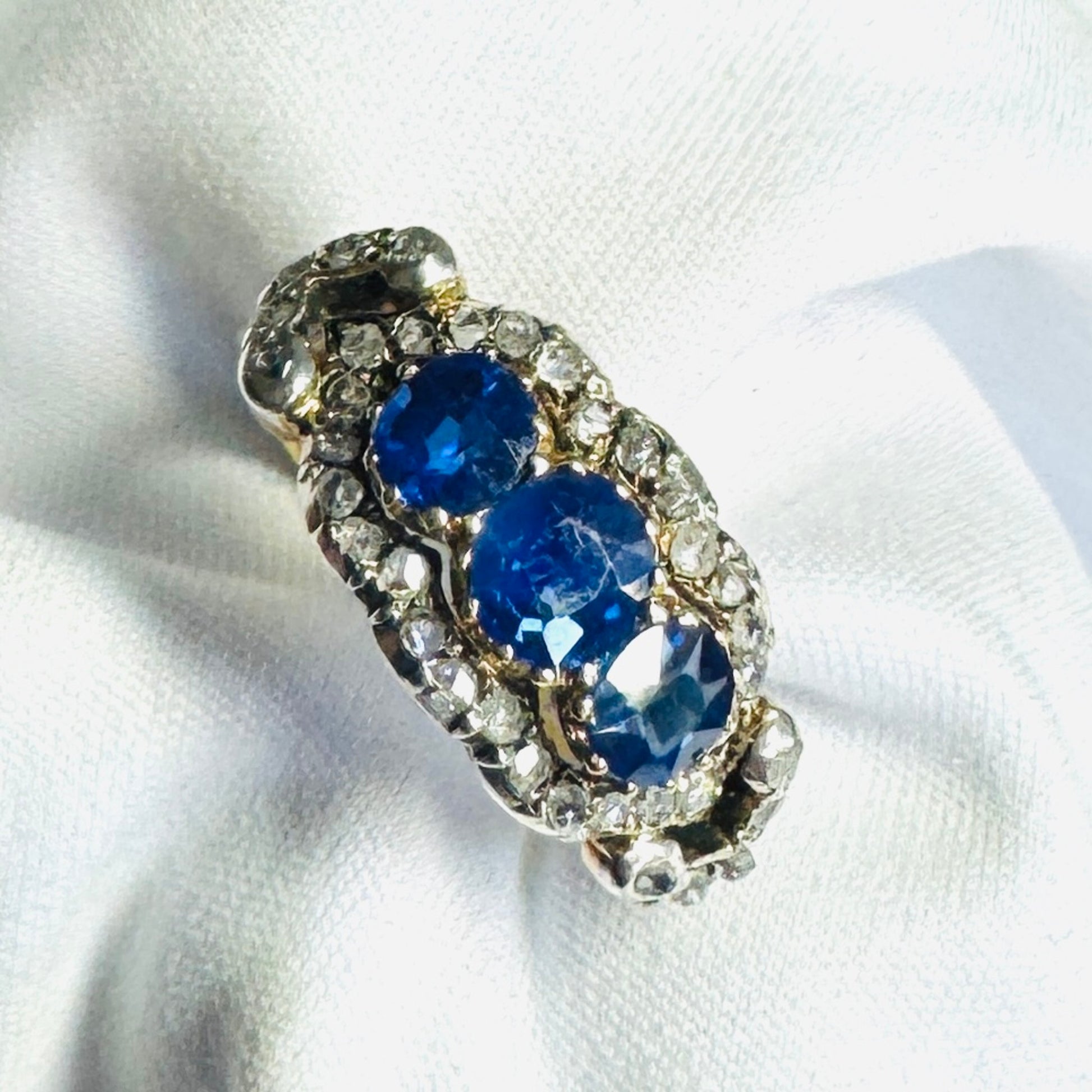Victorian Silver & 18KT Yellow Gold Sapphire & Diamond Ring front