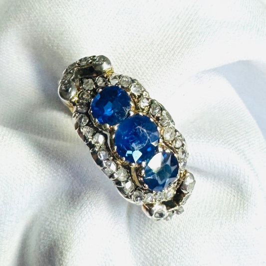 Victorian Silver & 18KT Yellow Gold Sapphire & Diamond Ring front