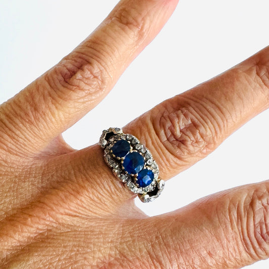 Victorian Silver & 18KT Yellow Gold Sapphire & Diamond Ring on hand