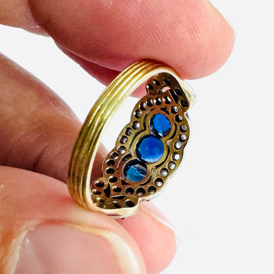 Victorian Silver & 18KT Yellow Gold Sapphire & Diamond Ring back