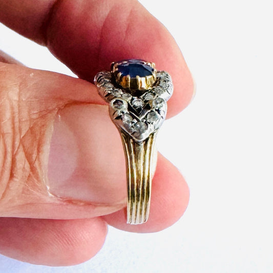 Victorian Silver & 18KT Yellow Gold Sapphire & Diamond Ring side