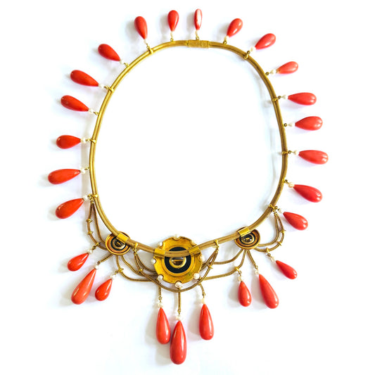 Mellerio Victorian 18KT Yellow Gold Coral, Enamel, Onyx & Natural Pearl Necklace back