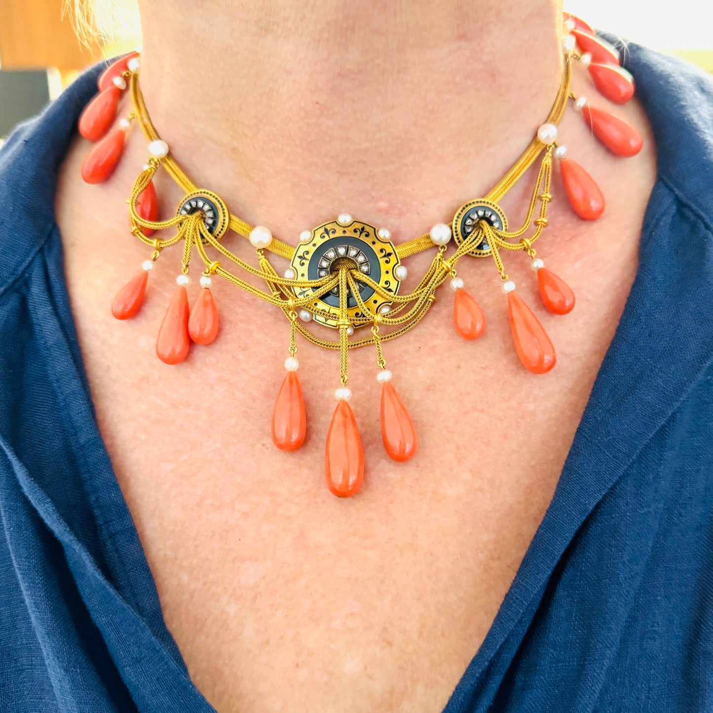 Mellerio Victorian 18KT Yellow Gold Coral, Enamel, Onyx & Natural Pearl Necklace on neck