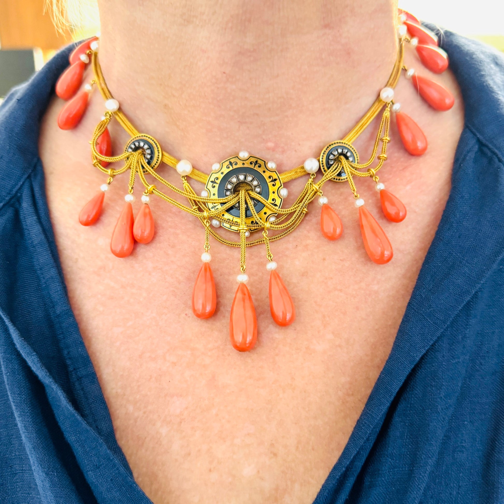 Mellerio Victorian 18KT Yellow Gold Coral, Enamel, Onyx & Natural Pearl Necklace on neck