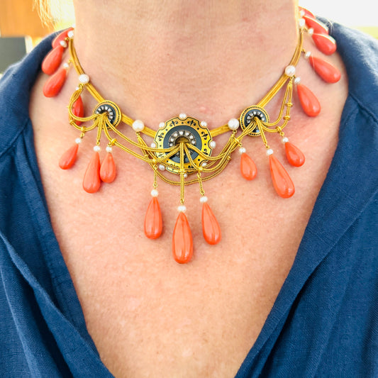 Mellerio Victorian 18KT Yellow Gold Coral, Enamel, Onyx & Natural Pearl Necklace on neck
