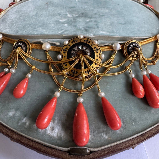 Mellerio Victorian 18KT Yellow Gold Coral, Enamel, Onyx & Natural Pearl Necklace close-up details