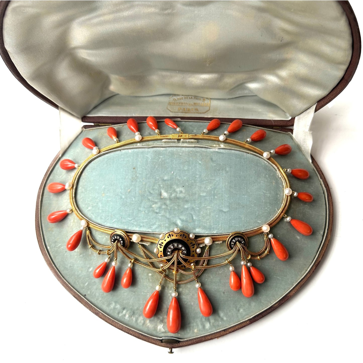 Mellerio Victorian 18KT Yellow Gold Coral, Enamel, Onyx & Natural Pearl Necklace in box