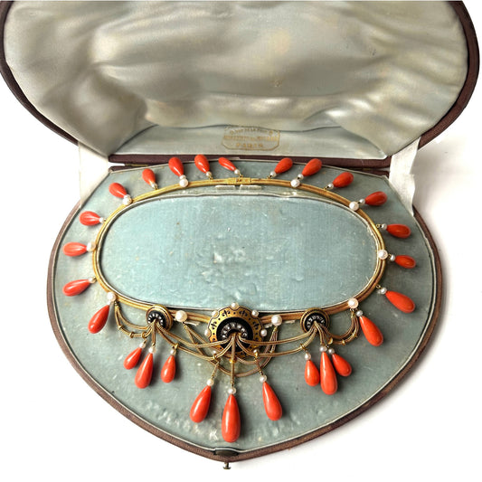 Mellerio Victorian 18KT Yellow Gold Coral, Enamel, Onyx & Natural Pearl Necklace in box
