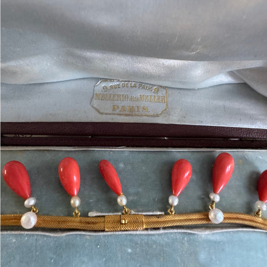 Mellerio Victorian 18KT Yellow Gold Coral, Enamel, Onyx & Natural Pearl Necklace close-up details