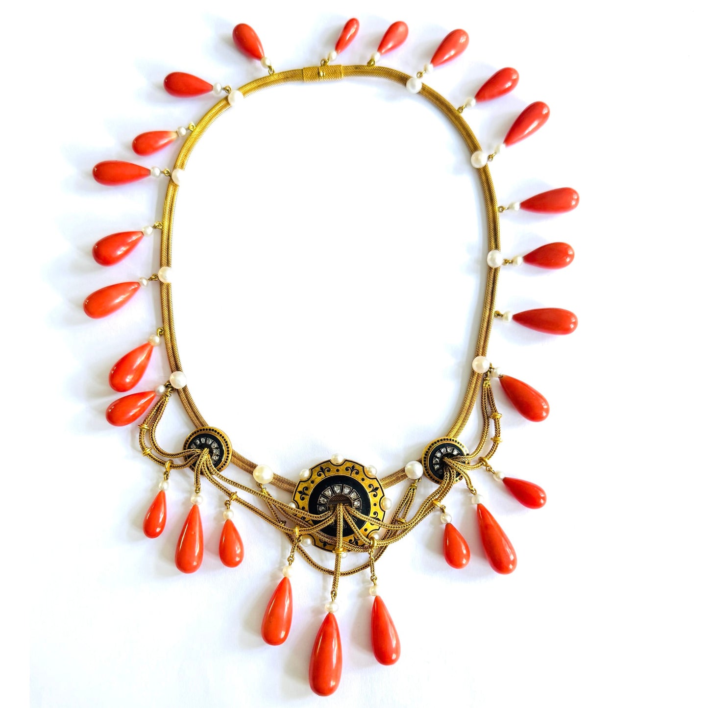 Mellerio Victorian 18KT Yellow Gold Coral, Enamel, Onyx & Natural Pearl Necklace front