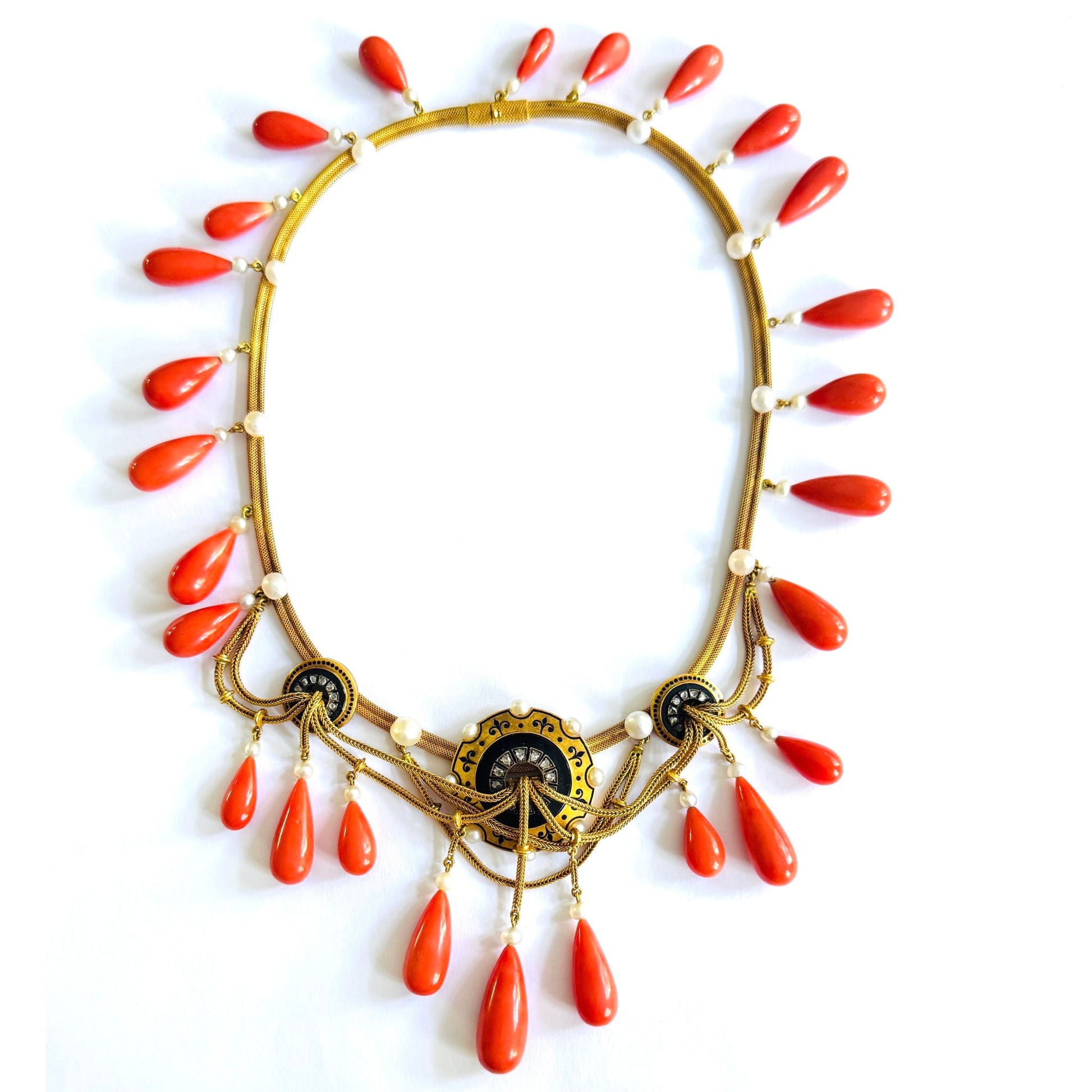 Mellerio Victorian 18KT Yellow Gold Coral, Enamel, Onyx & Natural Pearl Necklace front