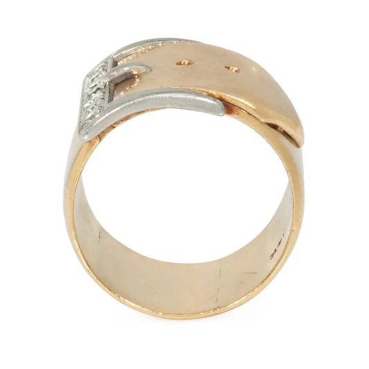 Retro Platinum & 14KT Yellow Gold Diamond Buckle Ring profile