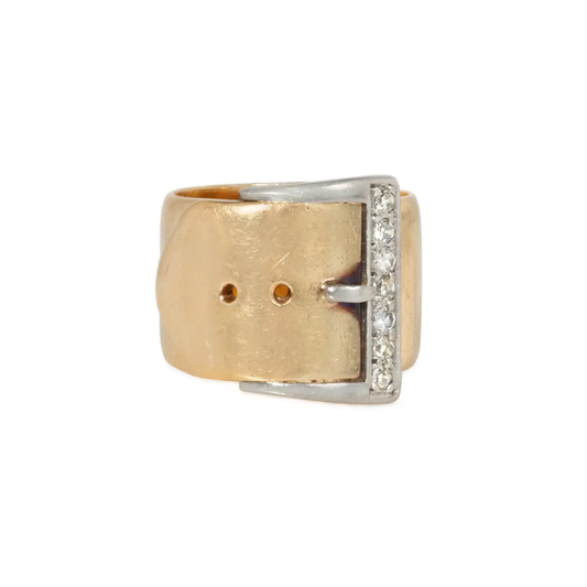 Retro Platinum & 14KT Yellow Gold Diamond Buckle Ring front
