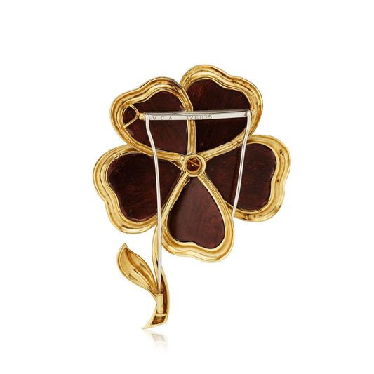 Van Cleef & Arpels Paris 1970s 18KT Yellow Gold Diamond & Wood Clematis Brooch back