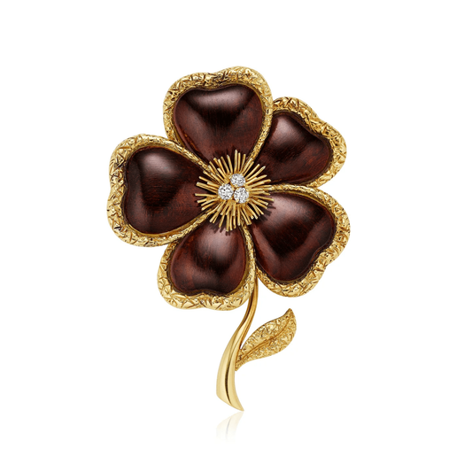 Van Cleef & Arpels Paris 1970s 18KT Yellow Gold Diamond & Wood Clematis Brooch front