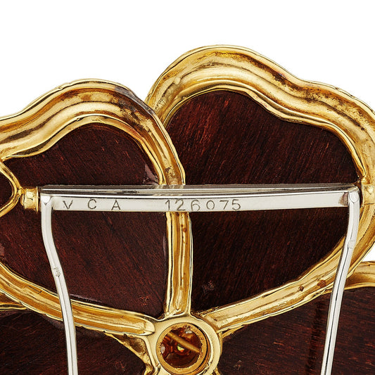 Van Cleef & Arpels Paris 1970s 18KT Yellow Gold Diamond & Wood Clematis Brooch signature