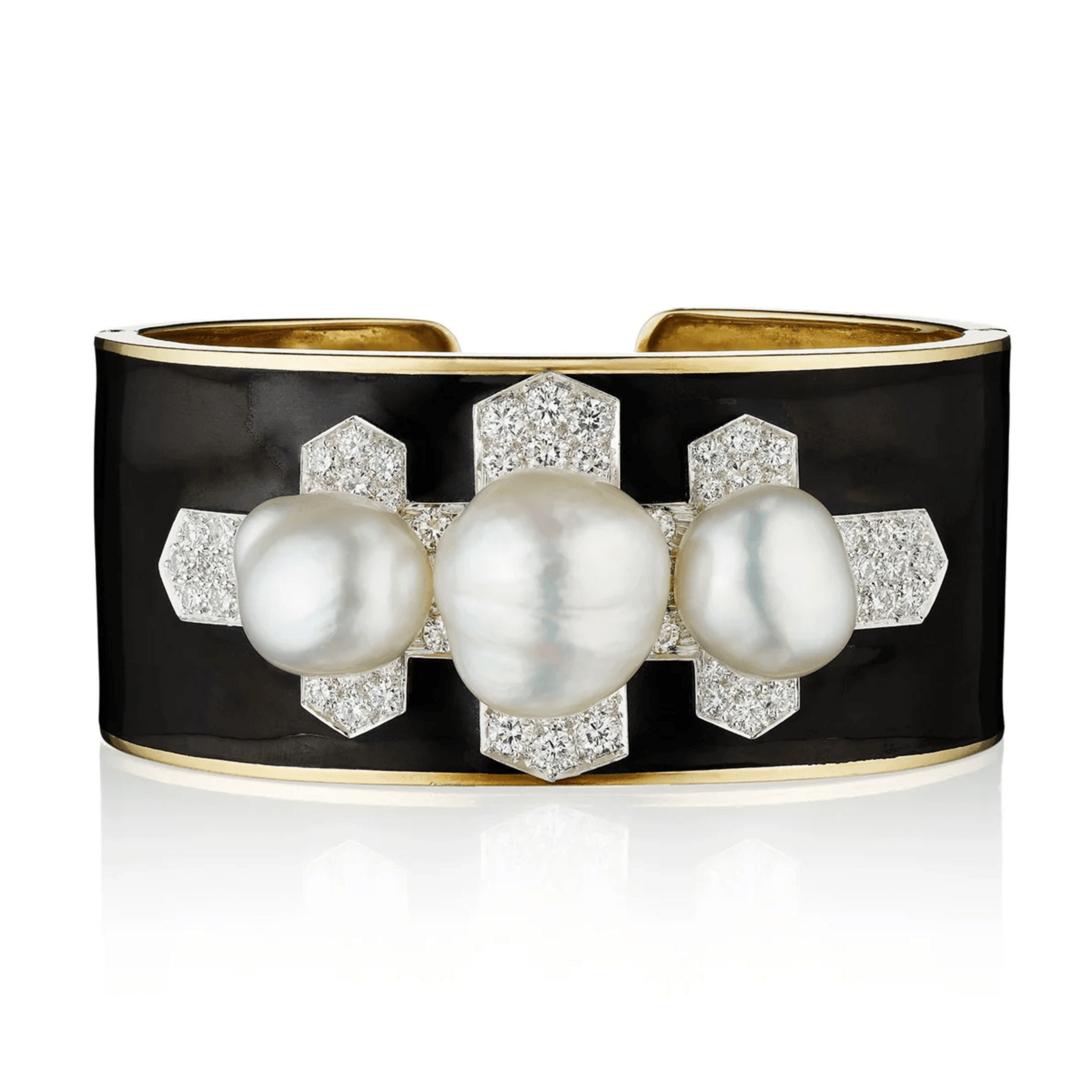 David Webb 1970s Platinum & 18KT Yellow Gold Diamond, Enamel & Cultured Pearl Bracelet front