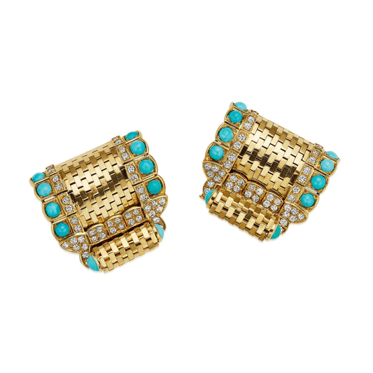 Van Cleef & Arpels French 1940s 18KT Yellow Gold Turquoise & Diamond Clips front