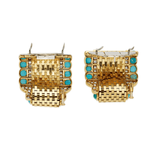 Van Cleef & Arpels French 1940s 18KT Yellow Gold Turquoise & Diamond Clips back