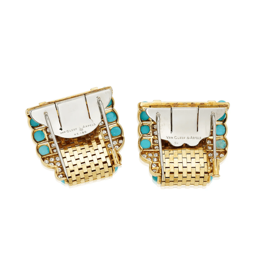 Van Cleef & Arpels French 1940s 18KT Yellow Gold Turquoise & Diamond Clips back