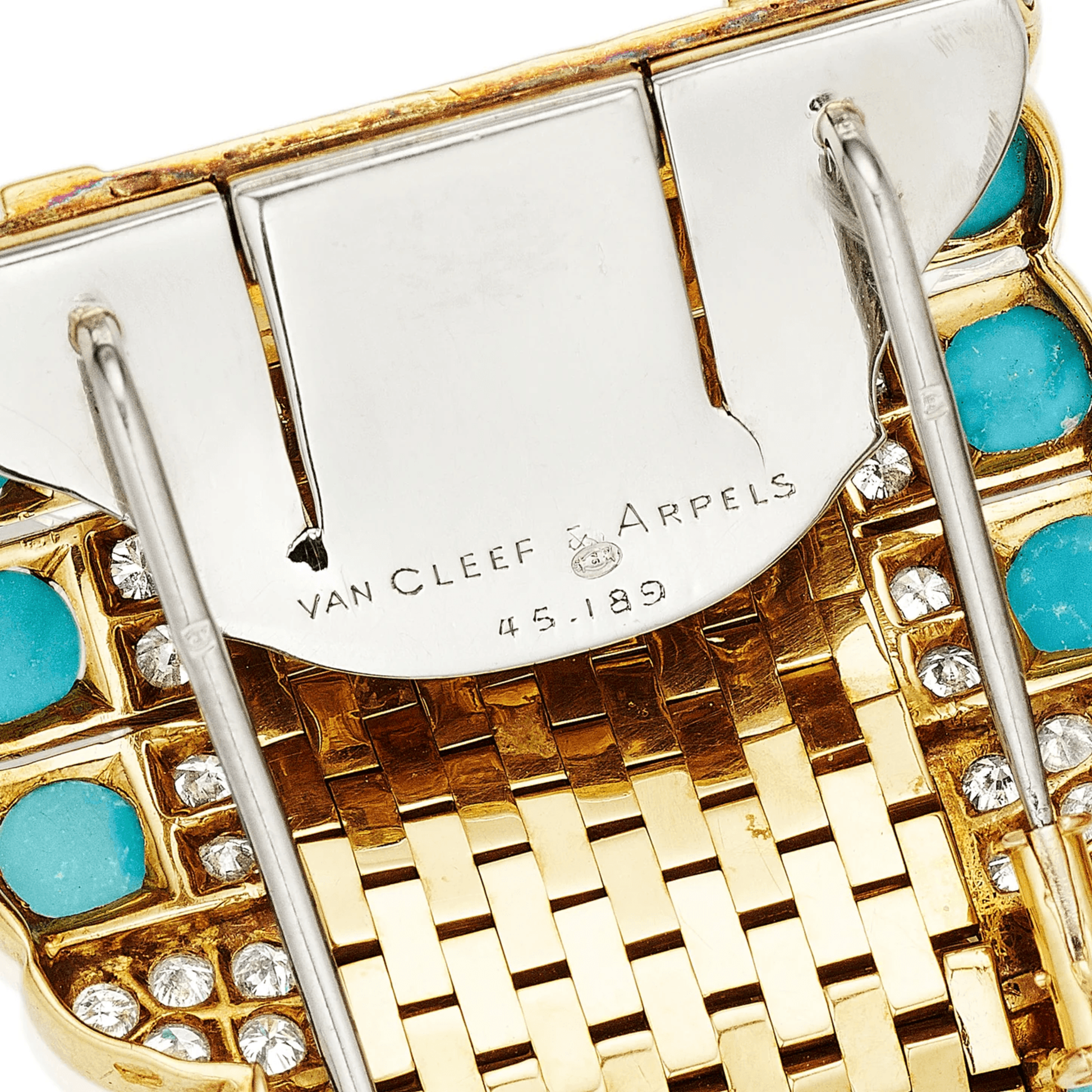 Van Cleef & Arpels French 1940s 18KT Yellow Gold Turquoise & Diamond Clips signature
